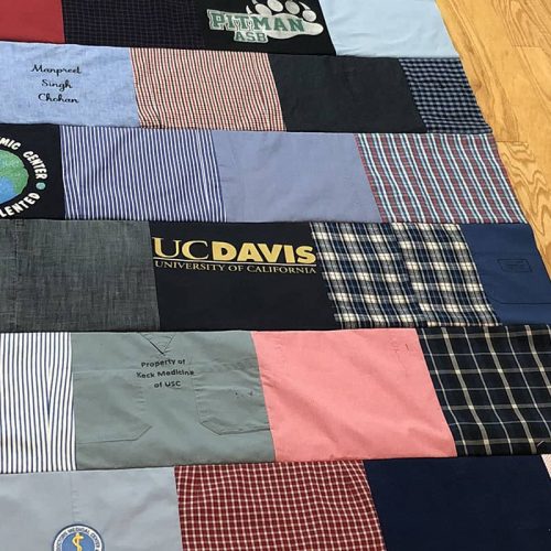 Custom Memory Quilt made out of t-shirts, button-up shirts, and jeans.