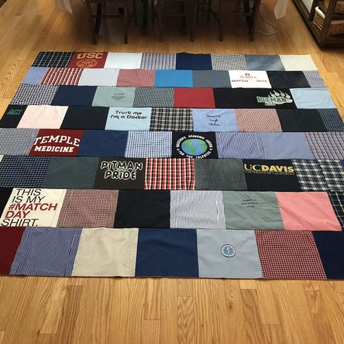 Custom Memory Quilt made out of t-shirts, button-up shirts, and jeans.