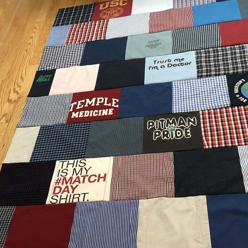 Custom Memory Quilt made out of t-shirts, button-up shirts, and jeans.